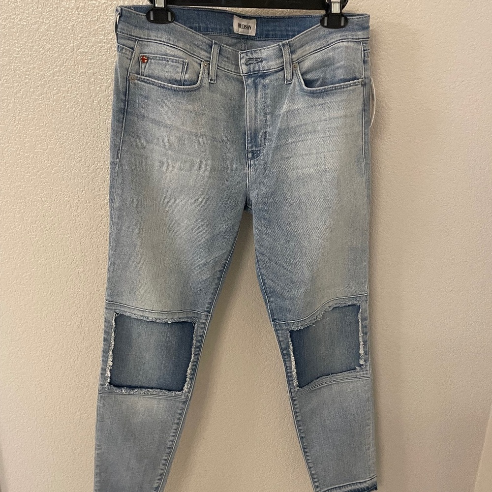 HUDSON JEANS Suzzi Mid Rise Super Skinny Released Hem Patch Size 30